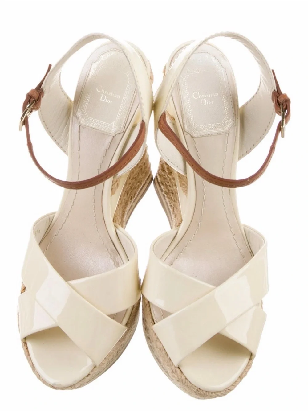 Christian Dior: Cream Espadrille Wedge Sandals with Ankle Strap
